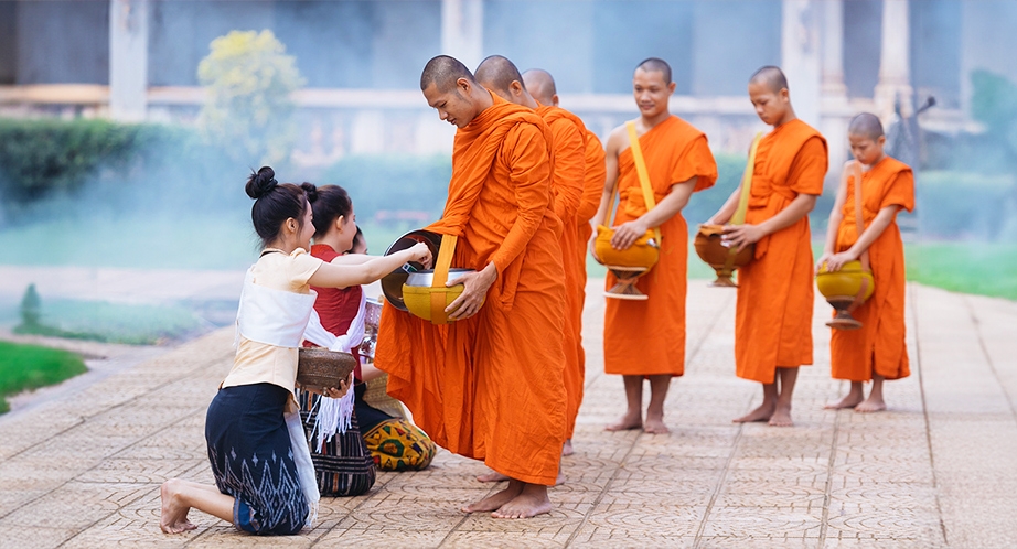 The monk went begging for alms in Luang Prabang