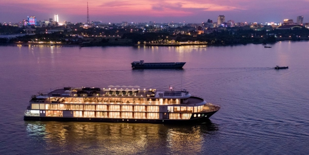 Victoria cruise sails through Mekong River at night 