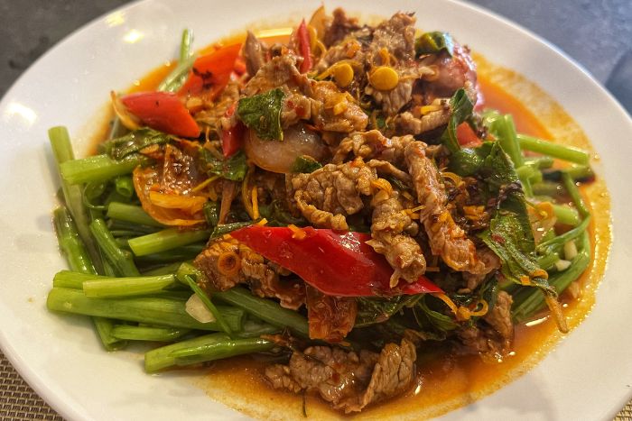 Red ants stir-fried with beef, a Cambodian insect dish