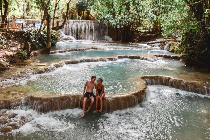 Discover the cascading beauty of Kuang Si Waterfall, a highlight for anyone spending 3 weeks in Laos.