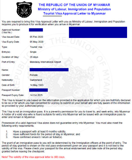 Sample of Myanmar Tourist e-Visa