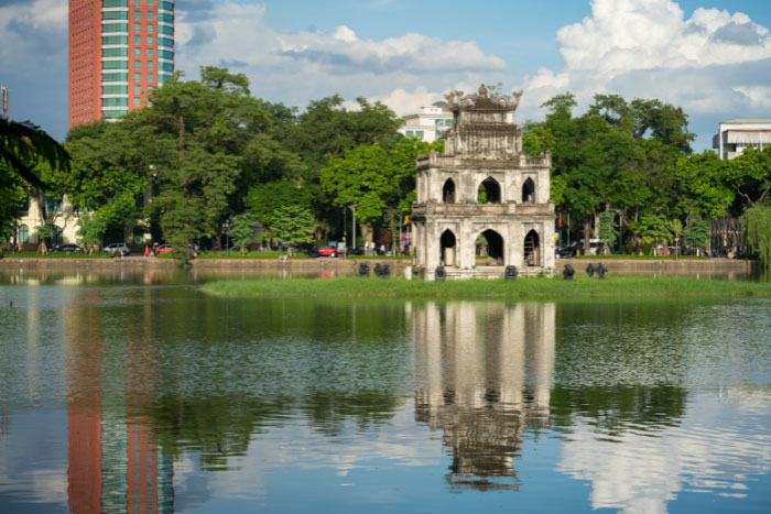 Turtle tower in middle of Hoan Kiem lake.