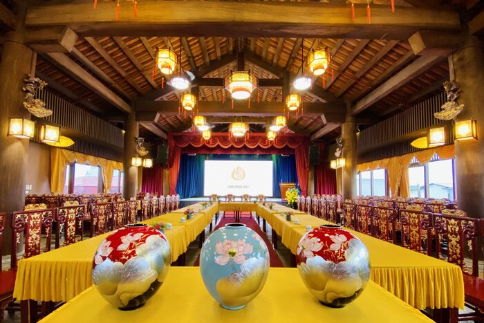 View of the interior of the Royal Hall at the Bat Trang Pottery museum.