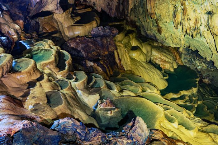 Stalactites in the shape of "rice terraces" inside Nam Tan Cave