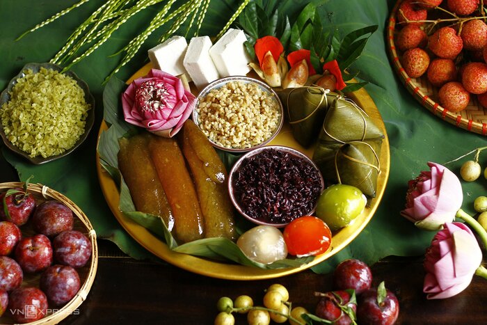 Offering trays to ancestors during the Doan Ngo festival in Vietnam