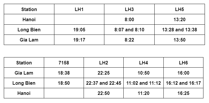 Train schedules to Gia Lam